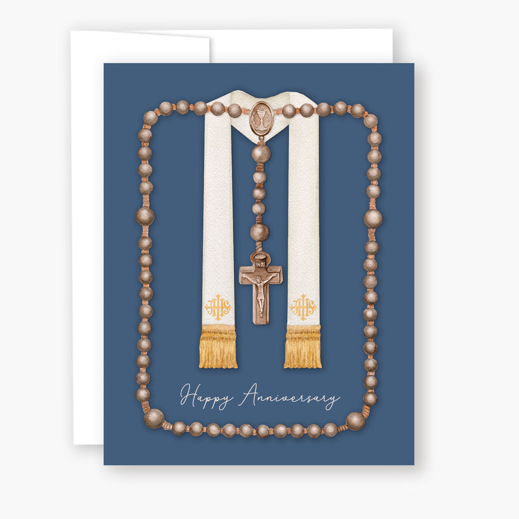 Rosary Card | Wooden Rosary and Stole | Ordination Anniversary | Blue