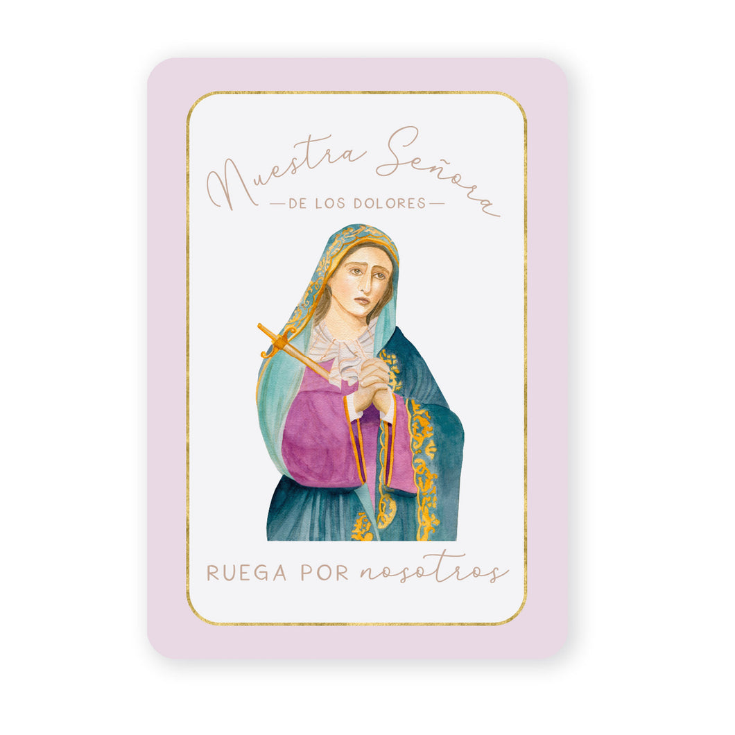 Nuestra Señora de los Dolores | Tarjeta de Oración | Ruega por Nosotros | Morado Claro
