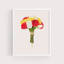 Load image into Gallery viewer, Rosary + Mixed Color Rose Bouquet | Art Print