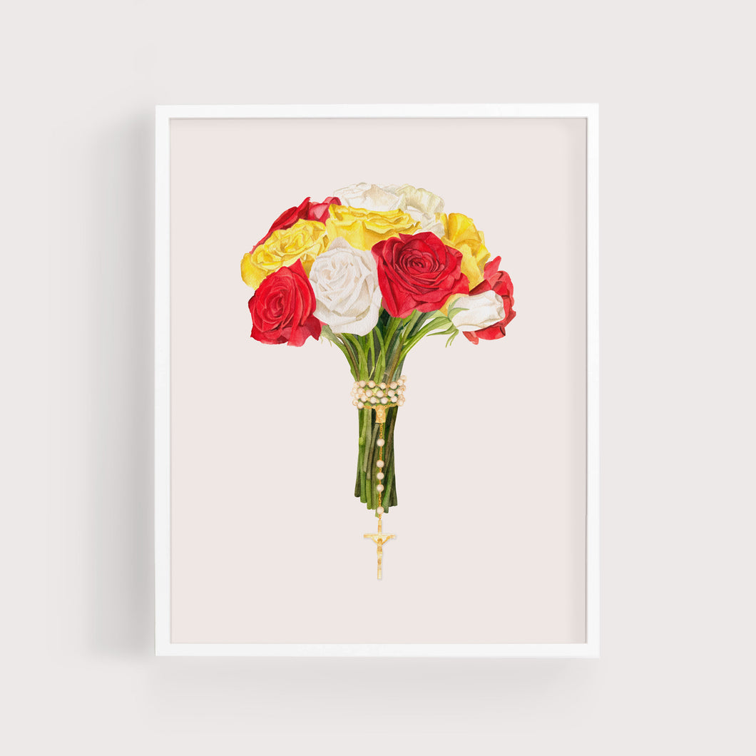 Rosary + Mixed Color Rose Bouquet | Art Print