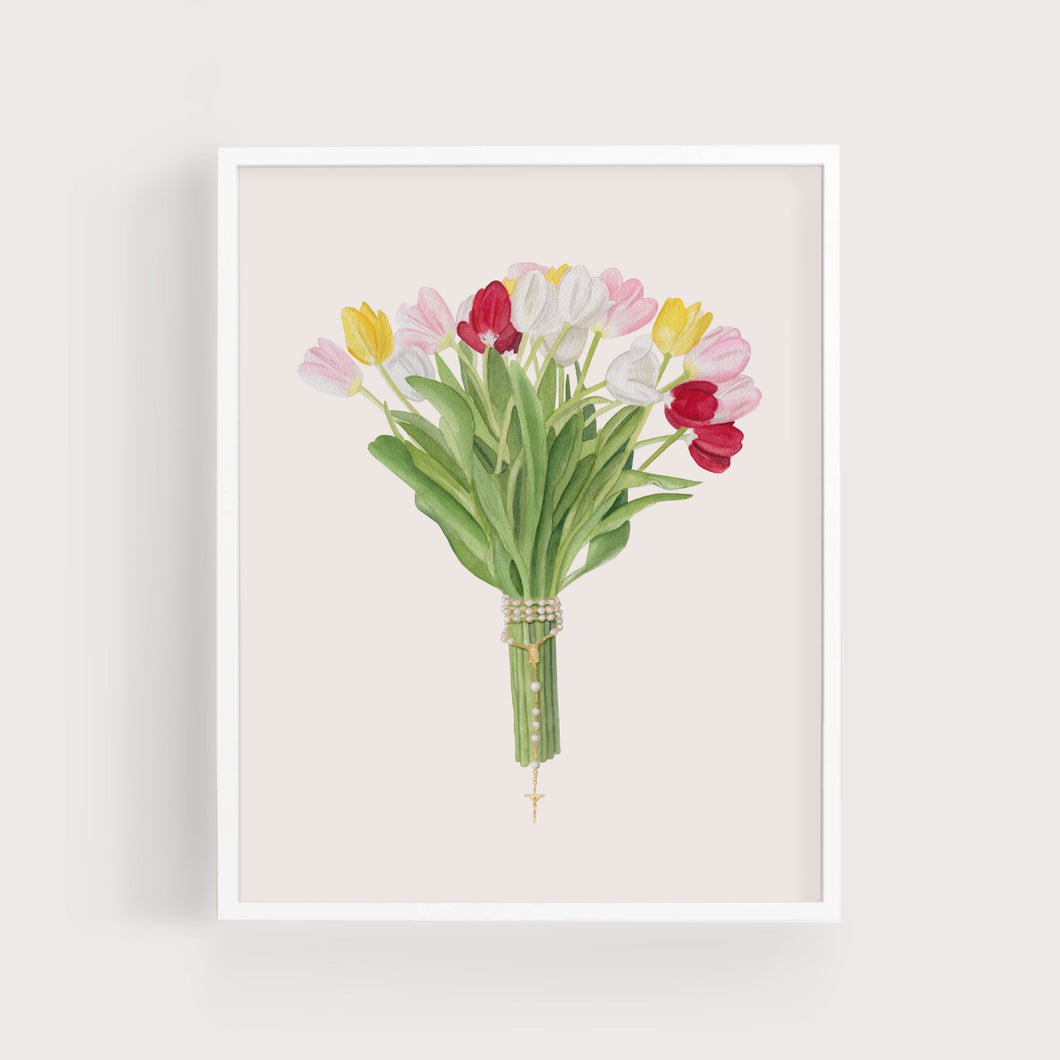 Rosary + Mixed Tulips Bouquet | Art Print
