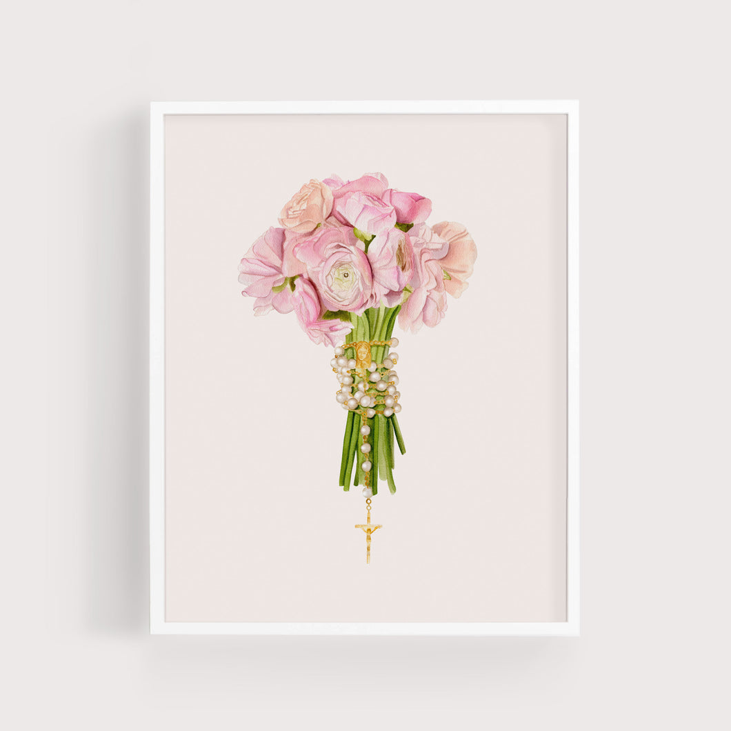 Rosary + Pink Ranunculus Flowers | Art Print